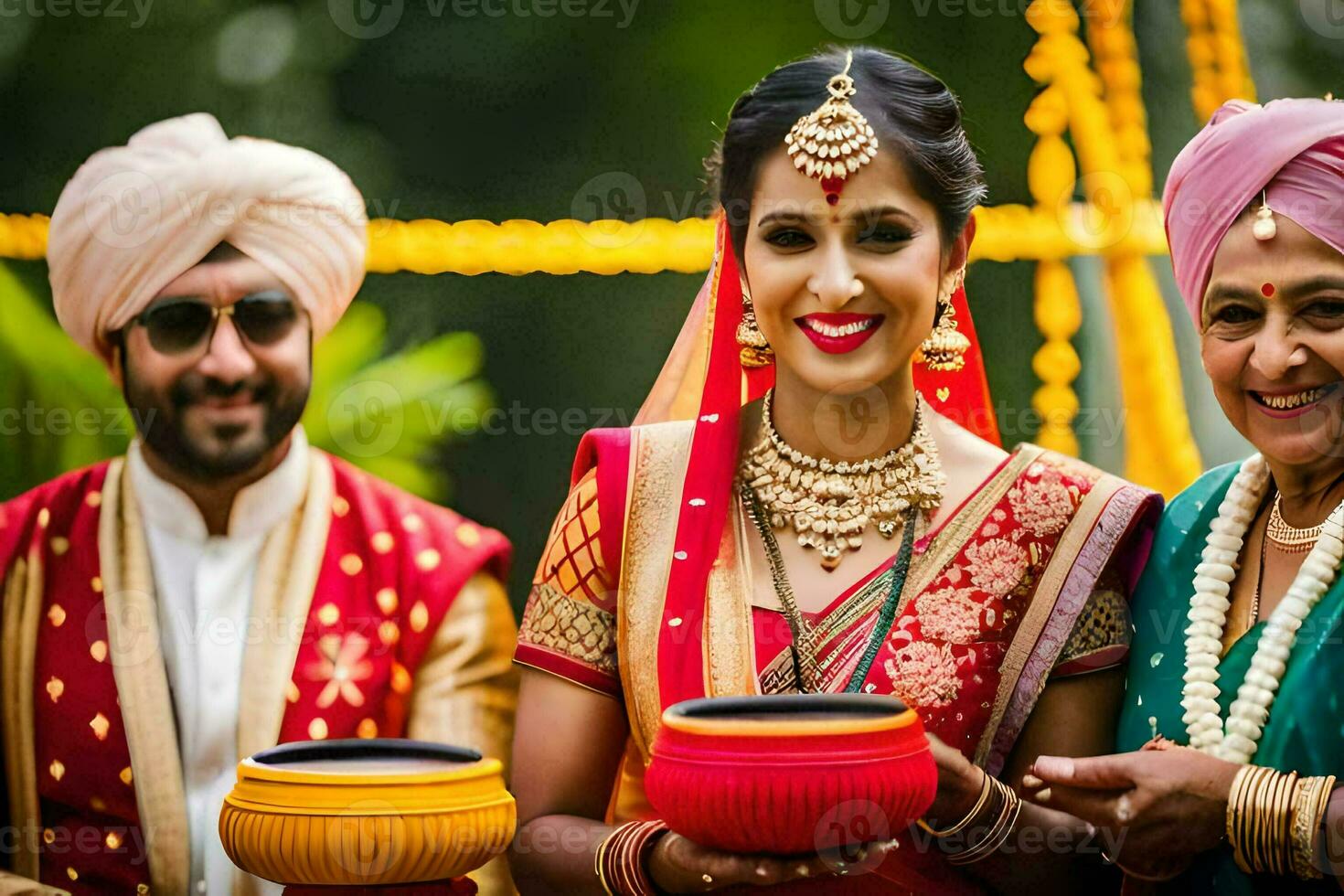 a bride and groom in traditional indian attire. AI-Generated photo