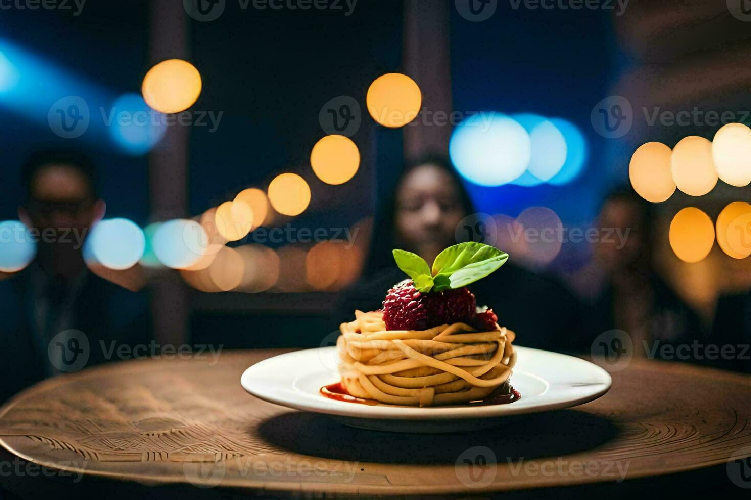 a plate of spaghetti on a table with people in the background. AI-Generated photo