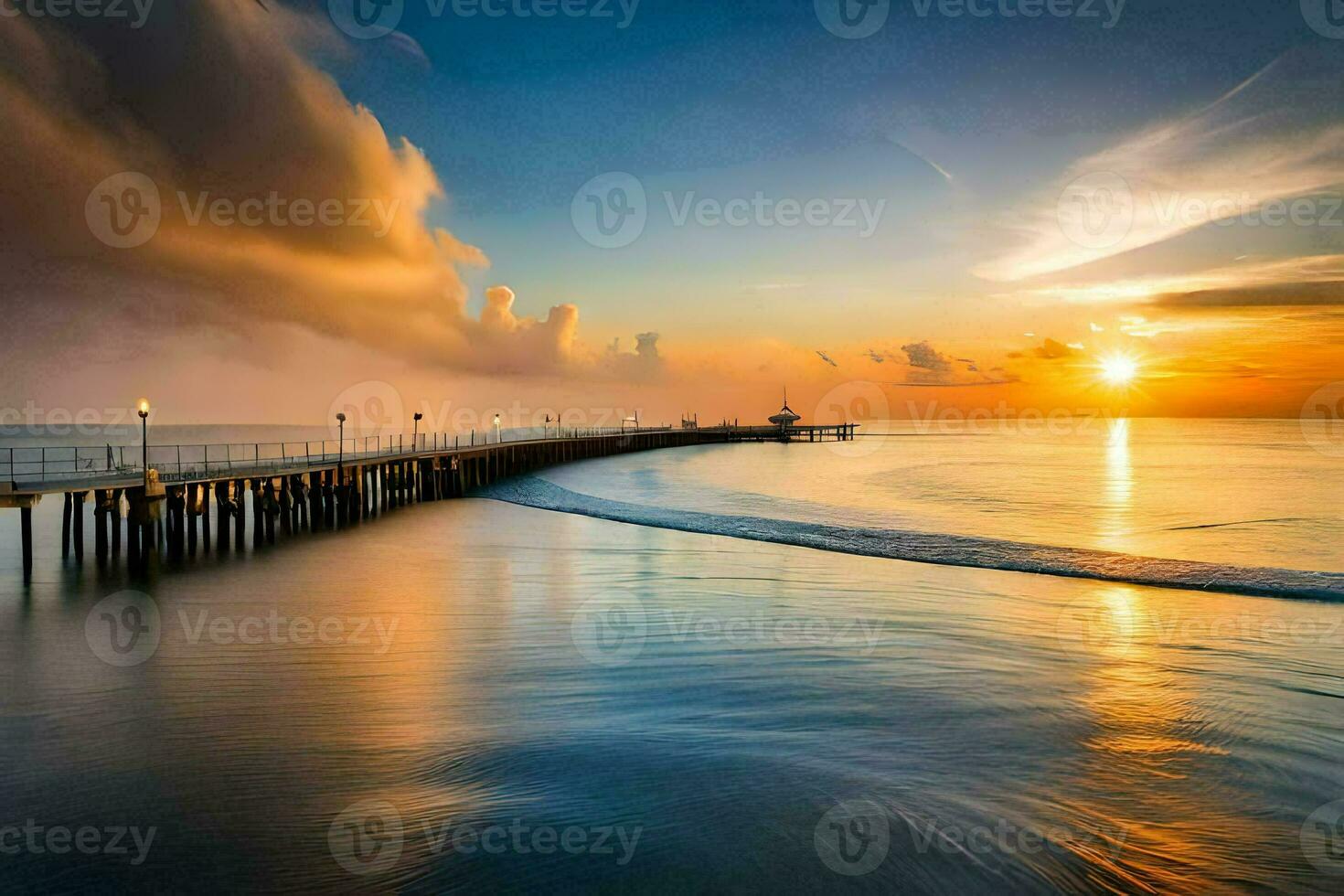 un muelle a puesta de sol con un nublado cielo. generado por ai foto