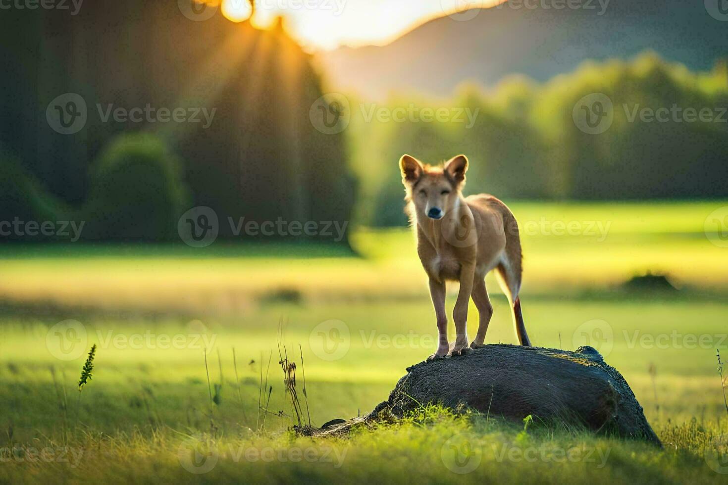 a dog standing on a rock in the middle of a field. AI-Generated photo