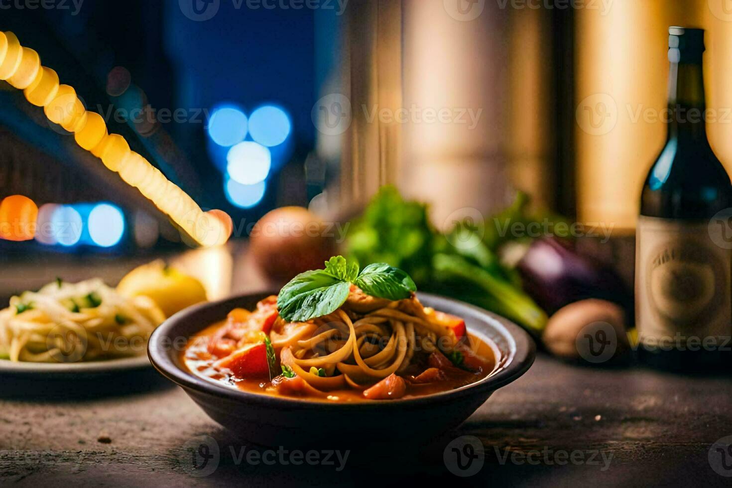 un plato de pasta y un botella de vino en un mesa. generado por ai foto