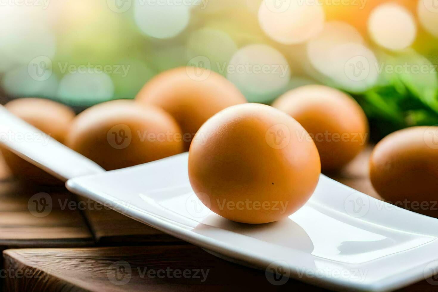 marrón huevos en un plato con un cuchara. generado por ai foto