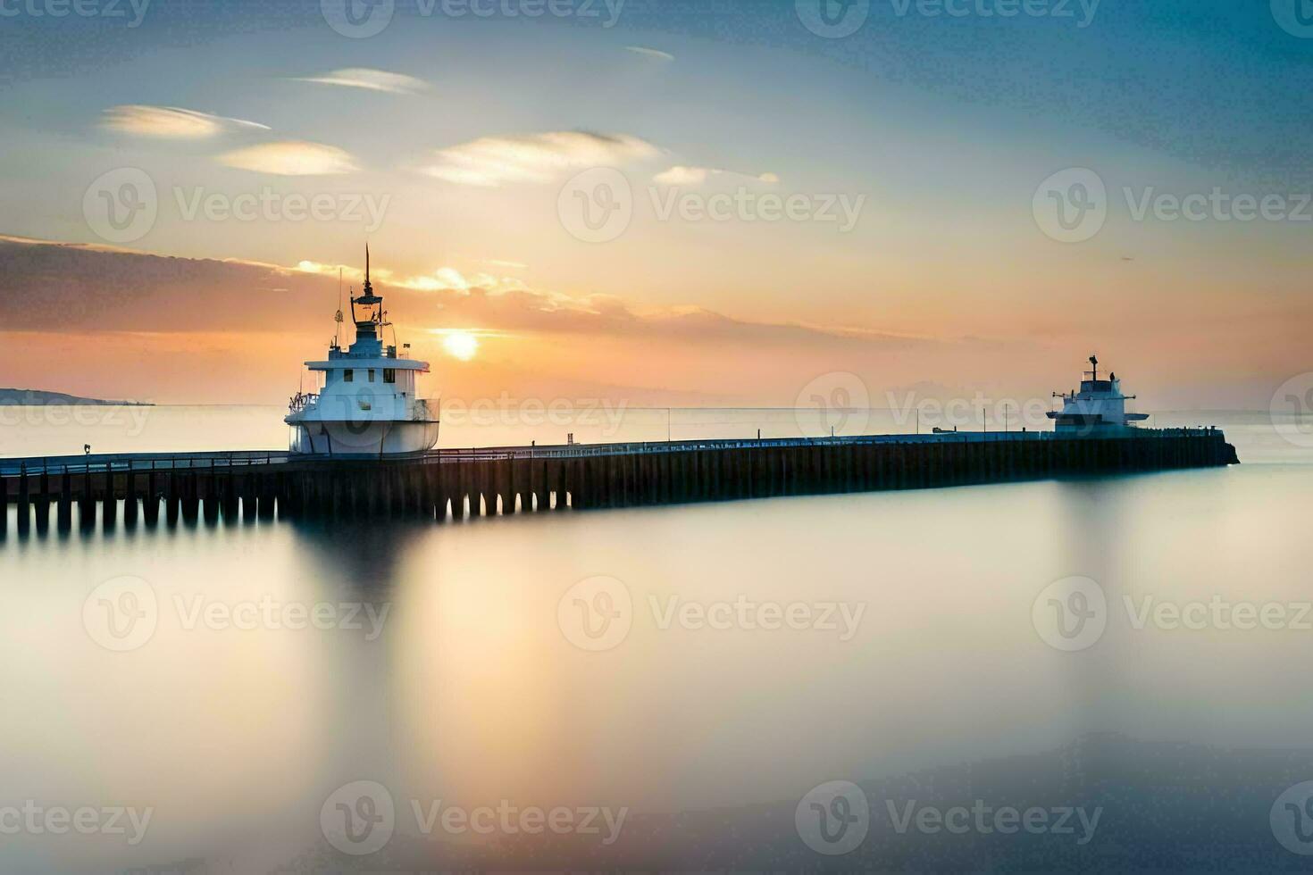 a long exposure photograph of two lighthouse lights on a pier. AI-Generated photo