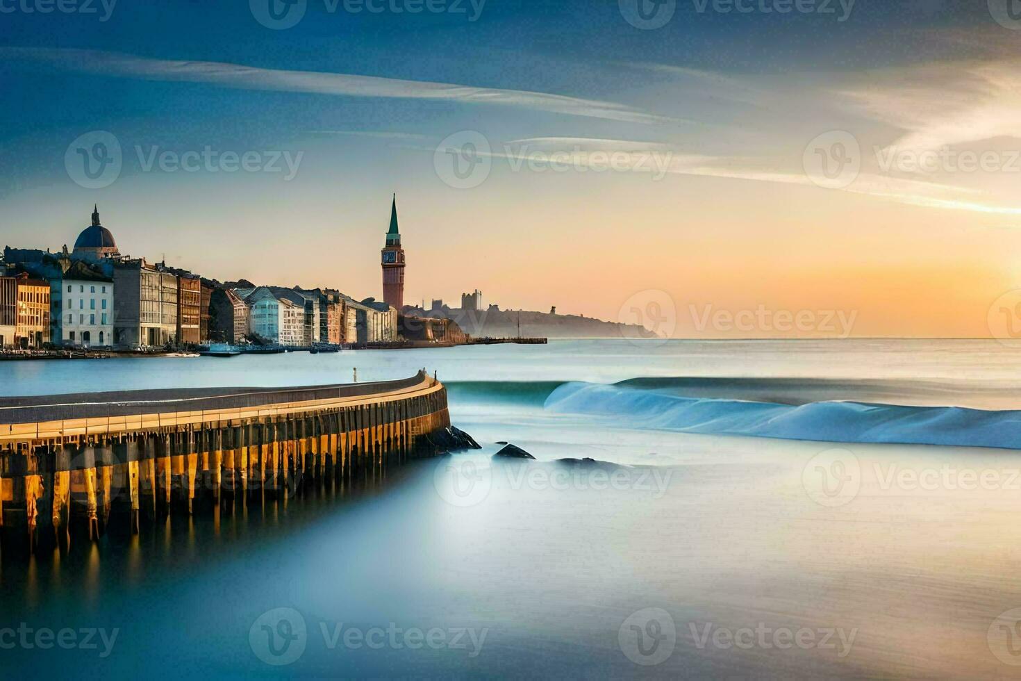 a long exposure photograph of a pier and buildings at sunset. AI-Generated photo