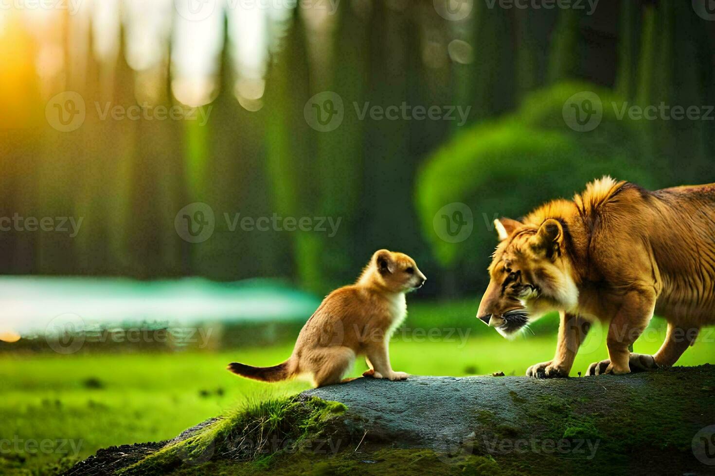 un león y un cachorro en pie en un rock en el césped. generado por ai foto