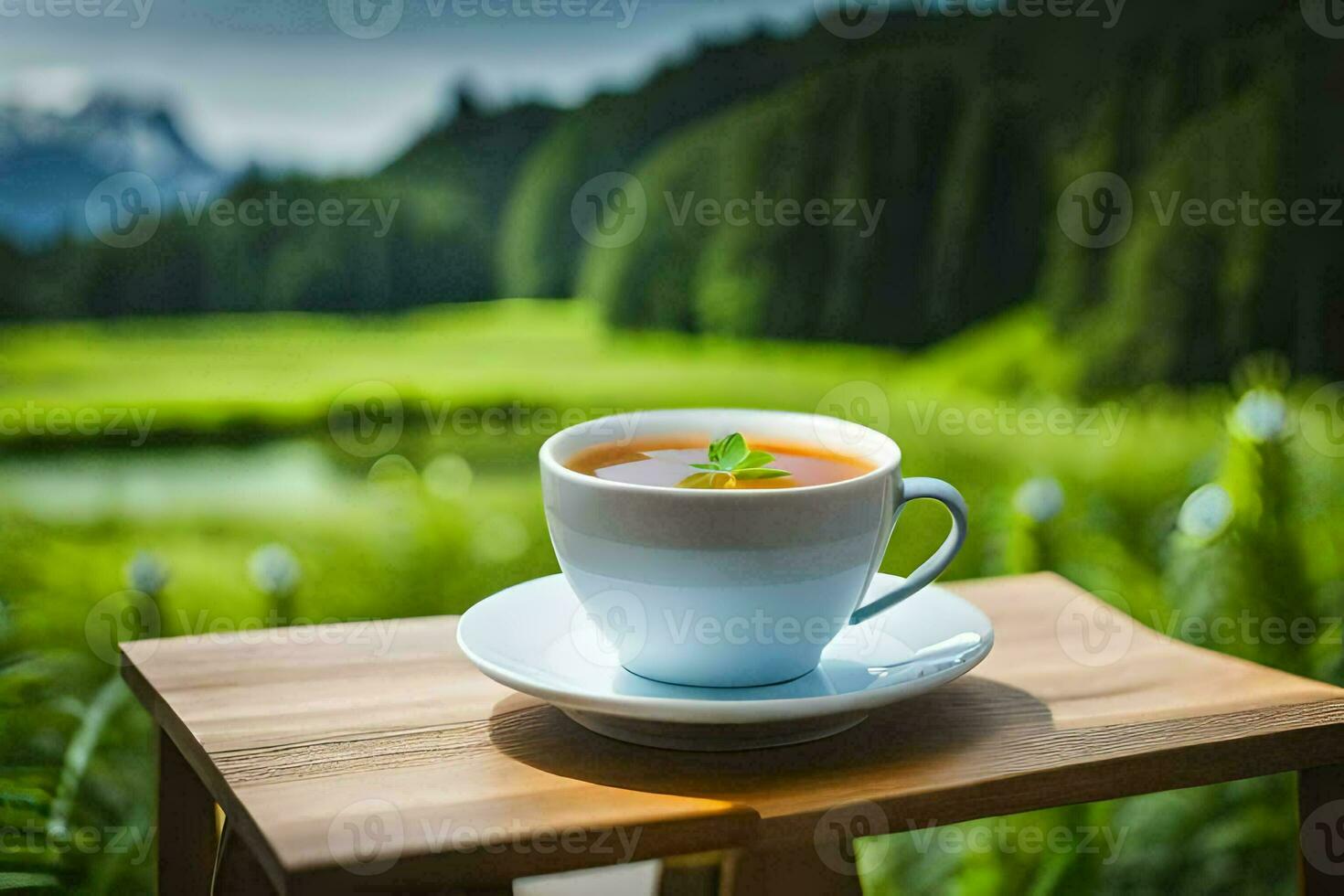 a cup of tea on a wooden table in front of a green landscape. AI-Generated photo