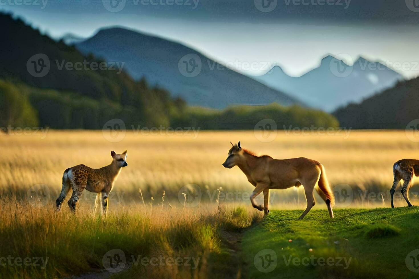 three horses are walking in a field with mountains in the background. AI-Generated photo