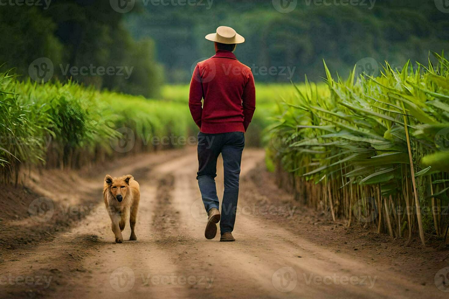 un hombre caminando su perro en un suciedad la carretera. generado por ai foto