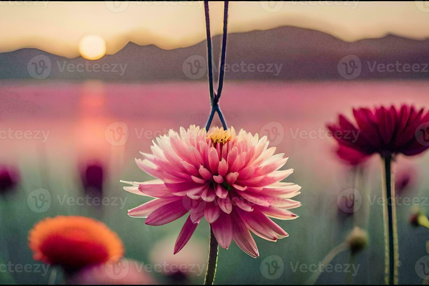 a pink flower is hanging from a necklace in front of a field. AI-Generated photo