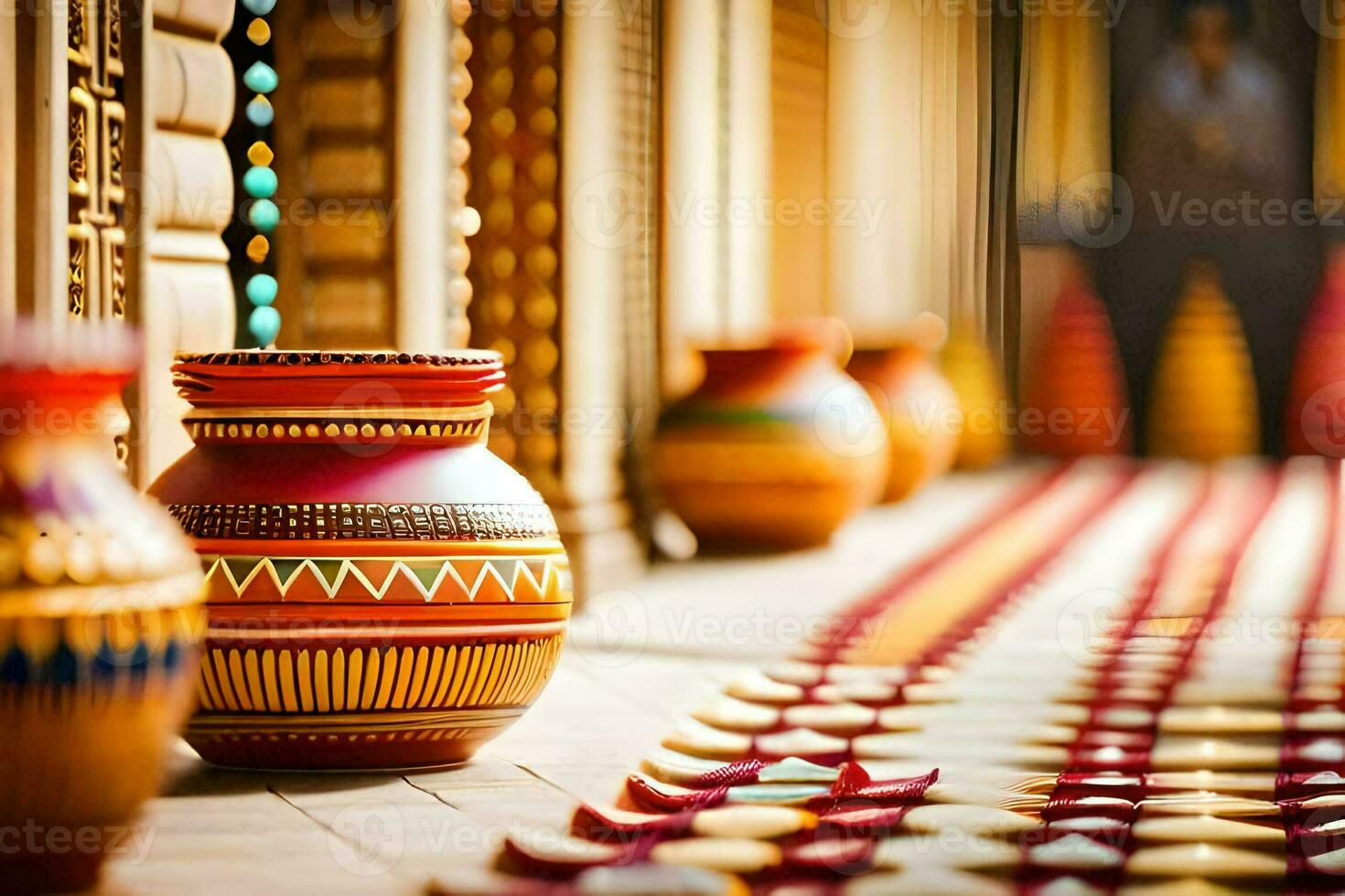 colorful vases are lined up on a walkway. AI-Generated photo