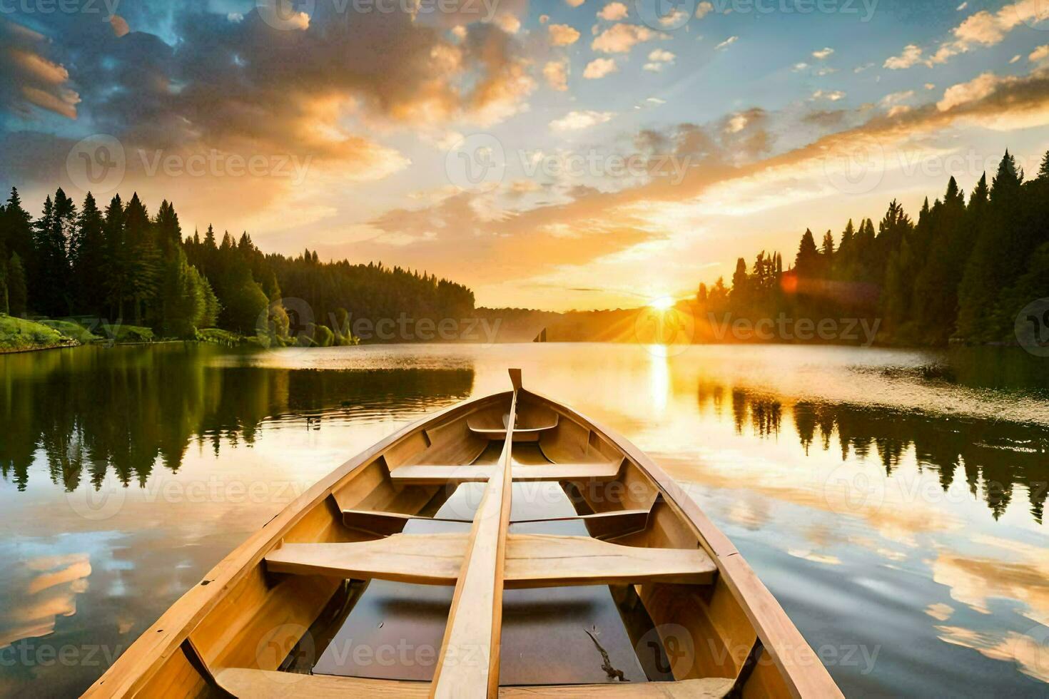 a canoe is floating on a lake at sunset. AI-Generated photo