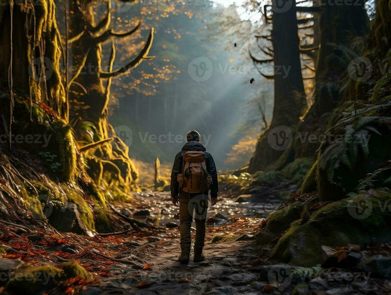 A backpacker hiking through a dense forest, sunlight streaming through the trees generative ai photo