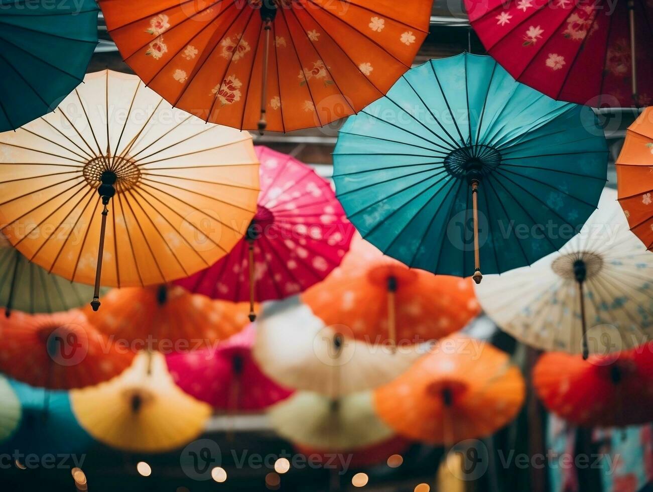 Colorful banner with a bunch of paper umbrellas generative ai photo