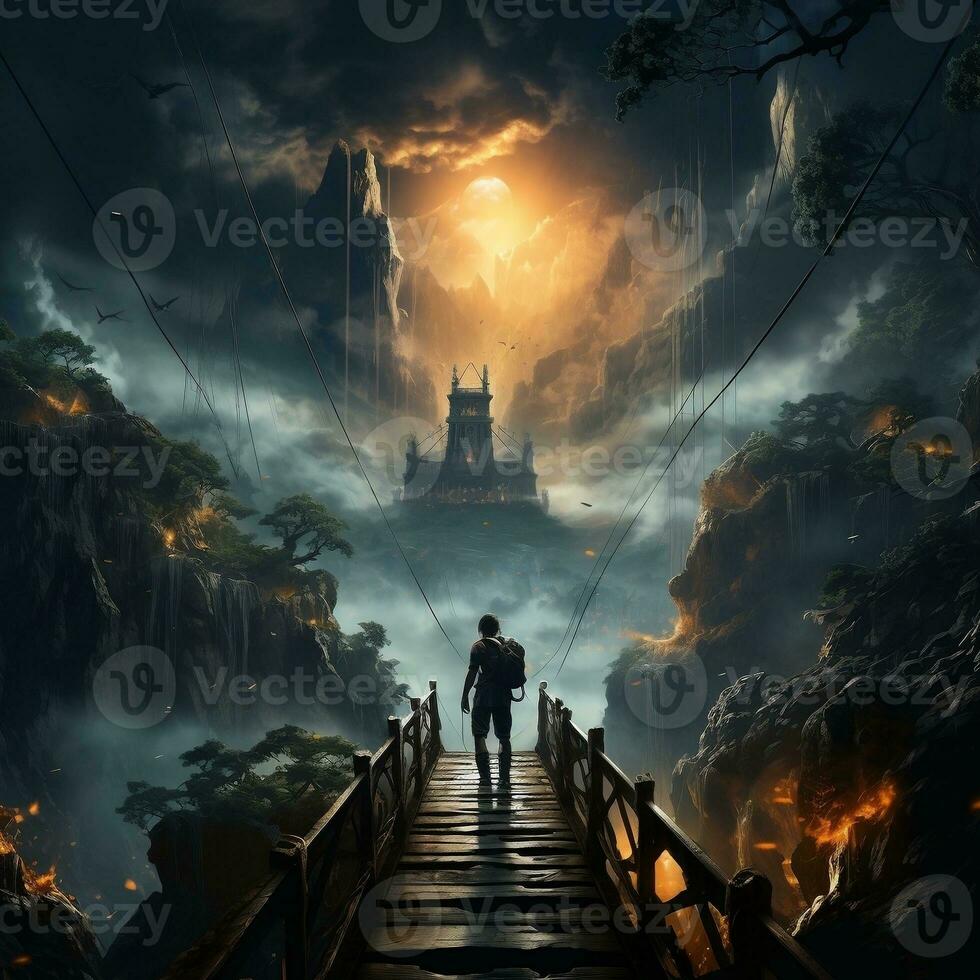 An adventurer crossing a suspension bridge over a roaring waterfall generative ai photo