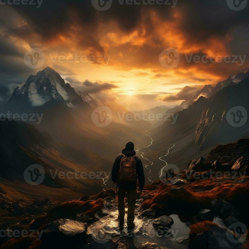 A hiker standing on a mountain peak, with a breathtaking sunset sky as the backdrop generative ai photo