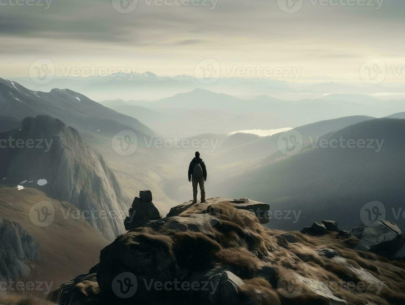A scenic mountain landscape with a hiker standing on a rocky peak generative ai photo