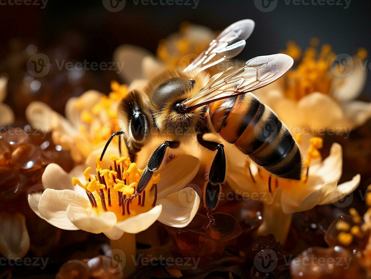 A captivating macro view of a busy beehive, with worker bees tirelessly collecting nectar from a variety of flowers generative ai photo