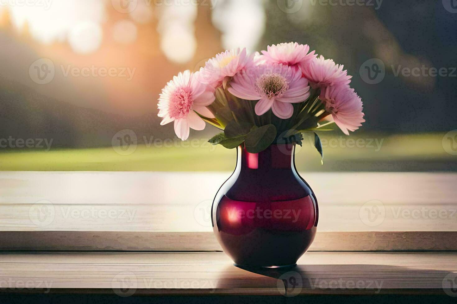 pink flowers in a vase on a table. AI-Generated photo