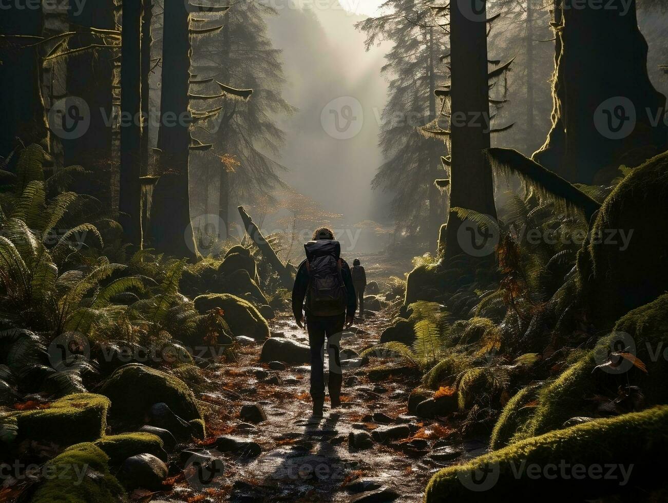 A backpacker hiking through a dense forest, sunlight streaming through the trees generative ai photo