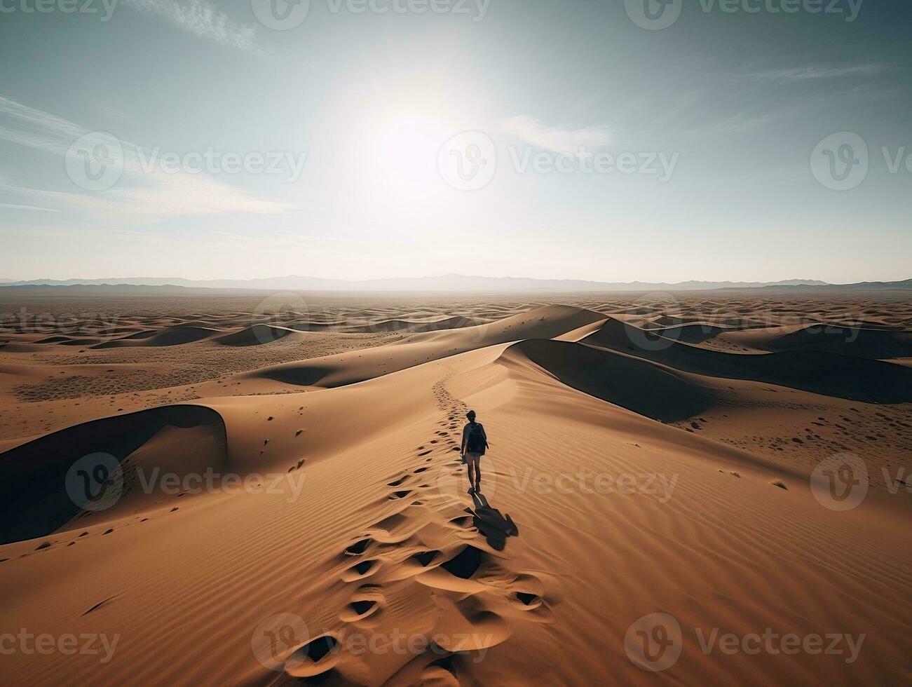 A panoramic shot of a vast desert landscape with a lone traveler trekking through the sand generative ai photo