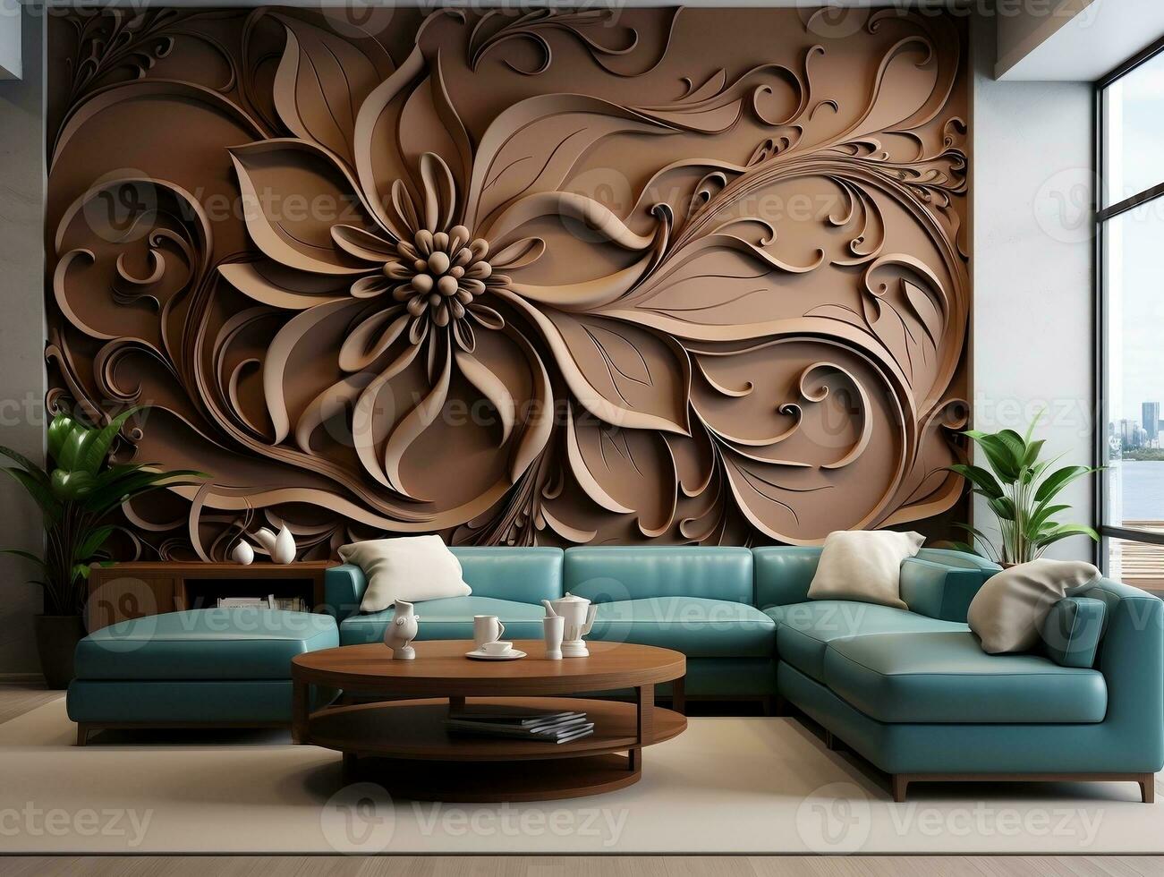 Chocolate color seamless floral pattern with flowers abstract fractal illustration background. 3d modern interior design wall art decor generative ai photo