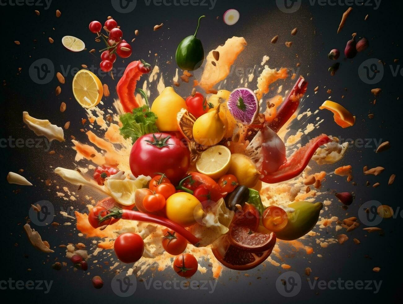 Exploding food illustration generative ai photo