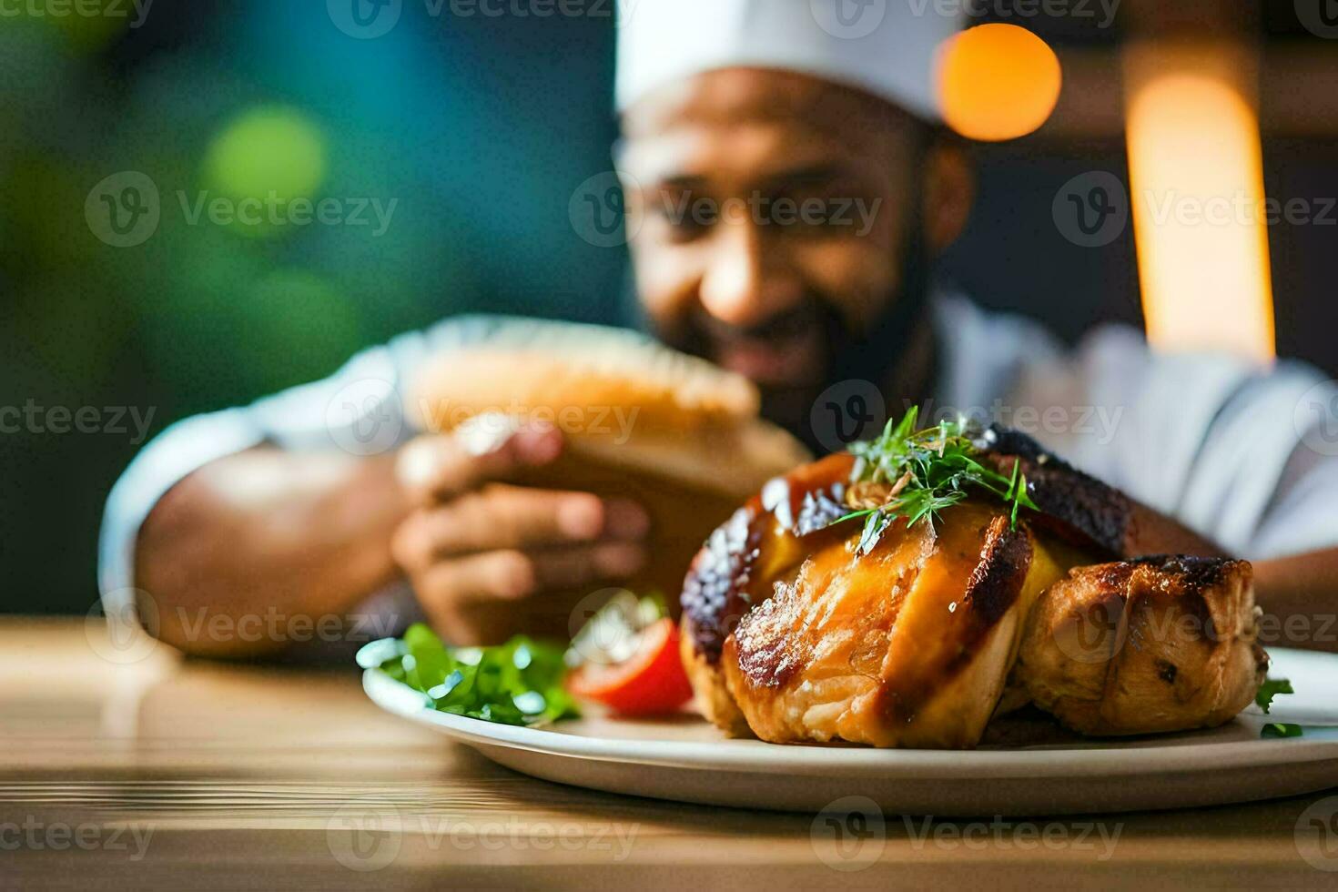 a chef is eating a chicken on a plate. AI-Generated photo