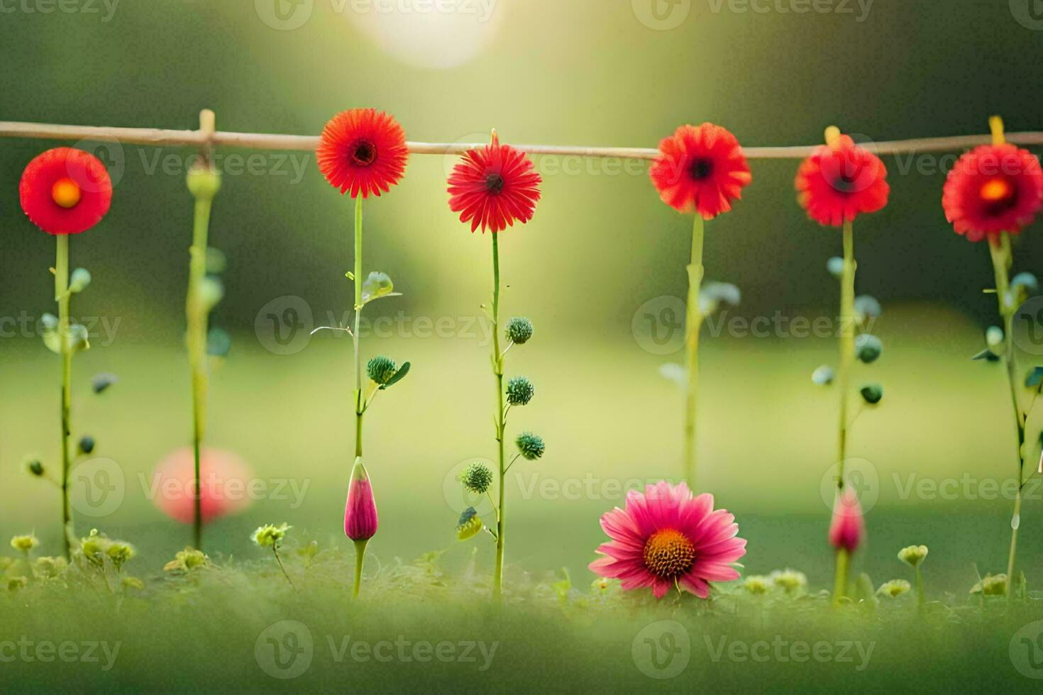 red flowers on a line in the grass. AI-Generated photo