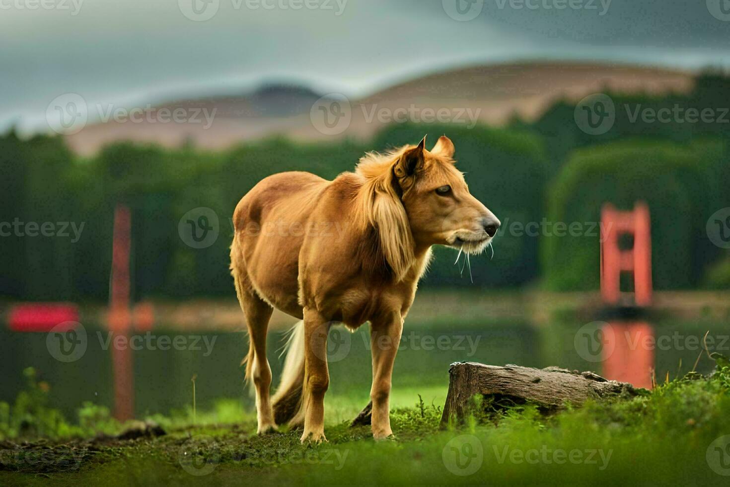 a horse standing in front of a lake. AI-Generated photo