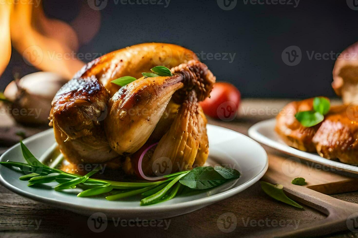 a roasted chicken on a plate with vegetables. AI-Generated photo