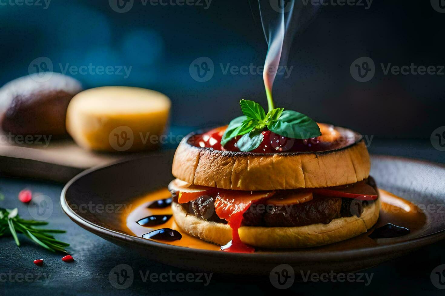 a hamburger with sauce and cheese on a plate. AI-Generated photo