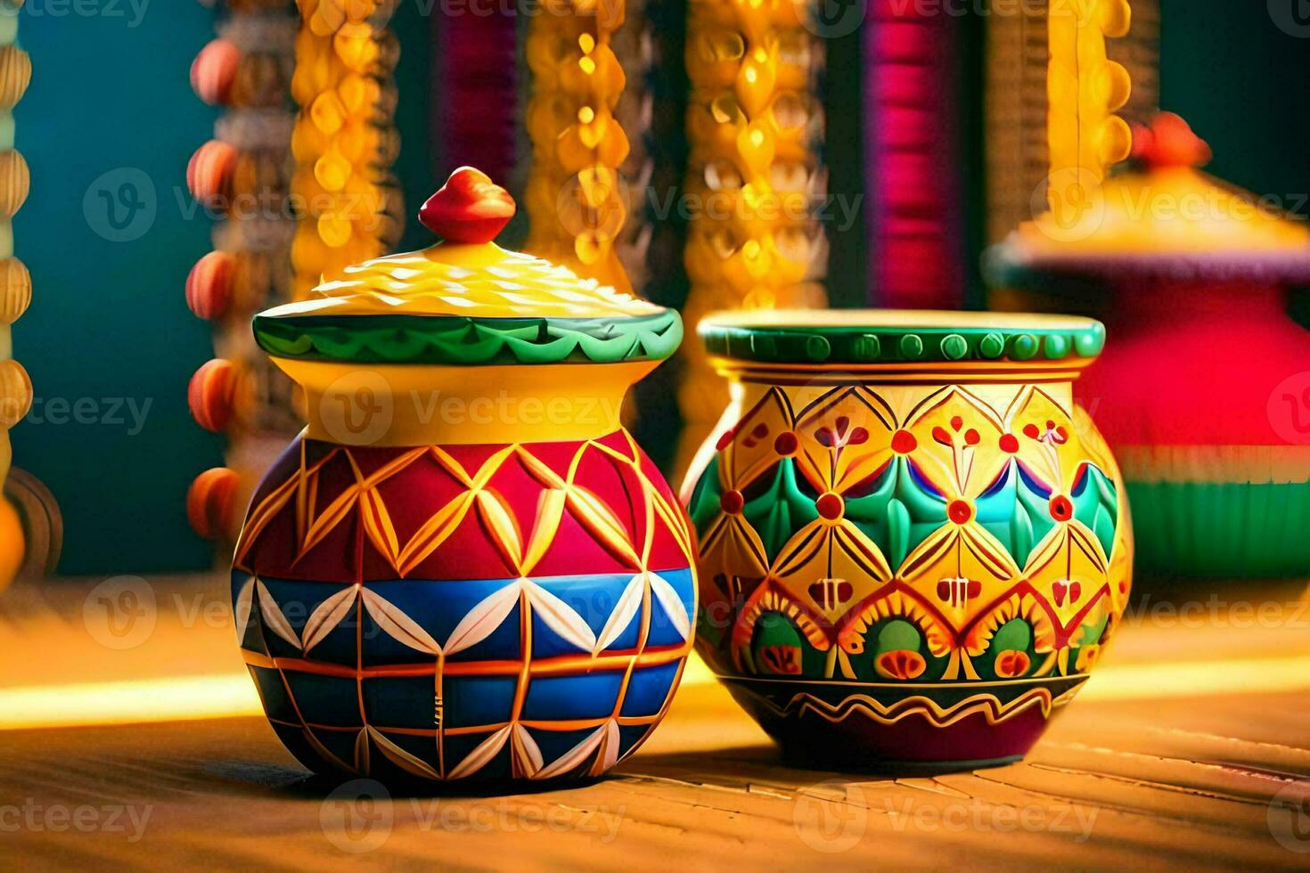 colorful vases on a wooden table. AI-Generated photo