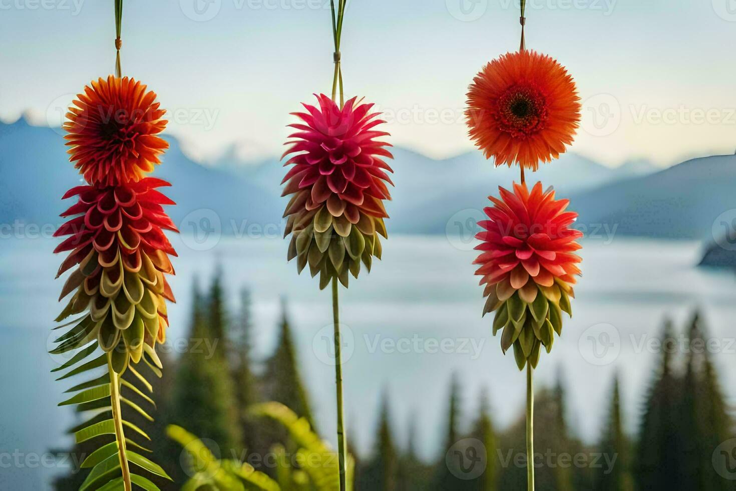 colorful flowers hanging from a tree near a lake. AI-Generated photo