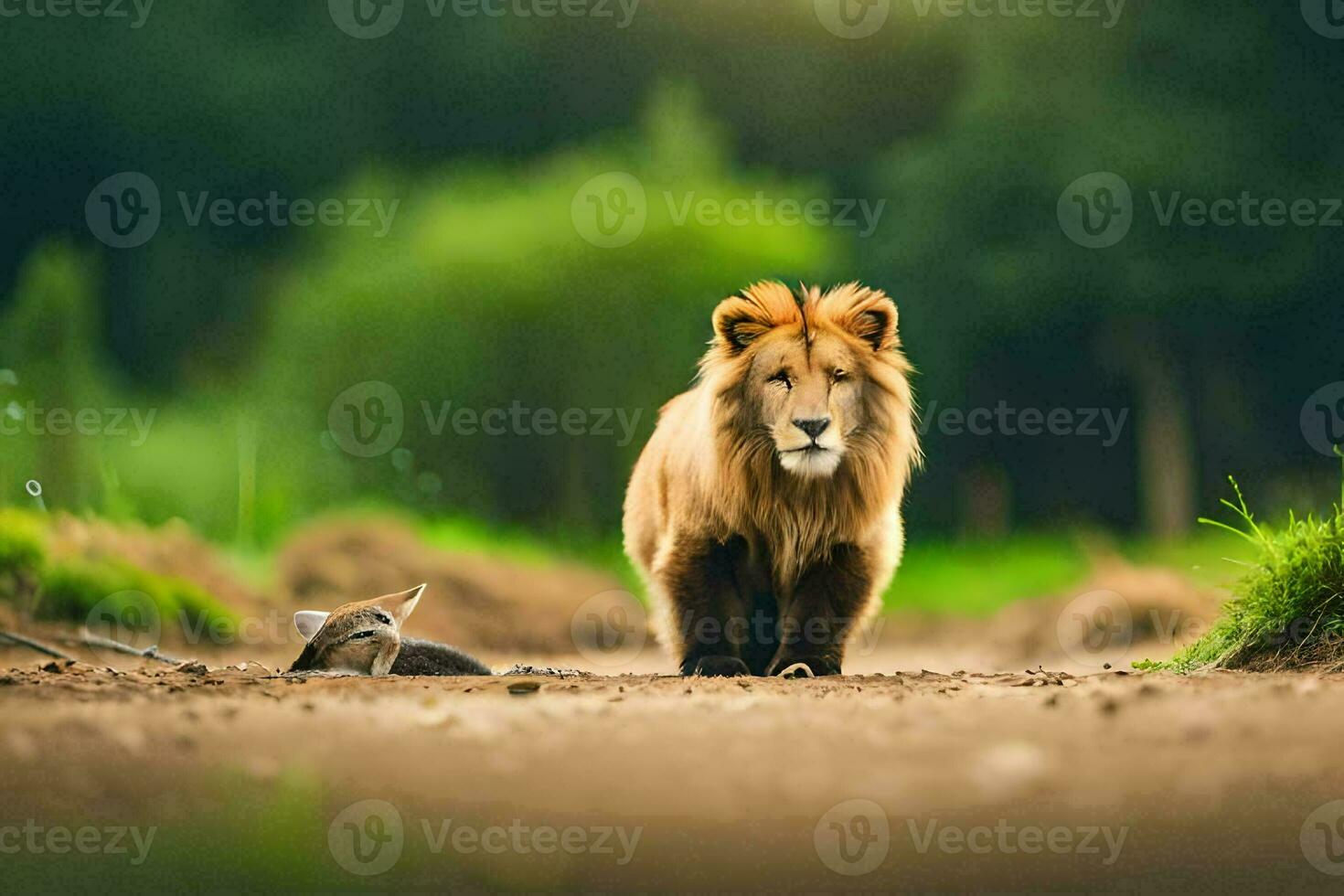 a lion walking on the road in the middle of a forest. AI-Generated photo
