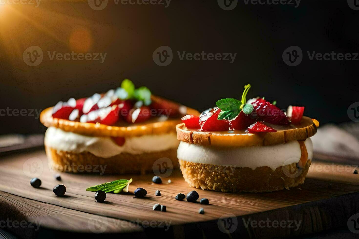 two small desserts with strawberries on top. AI-Generated photo