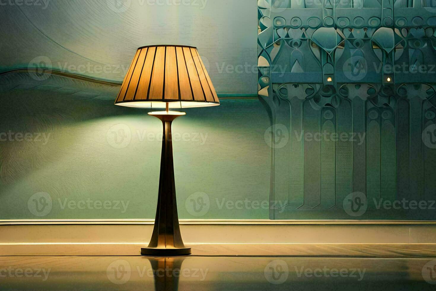 a lamp is on a table in front of a wall. AI-Generated photo