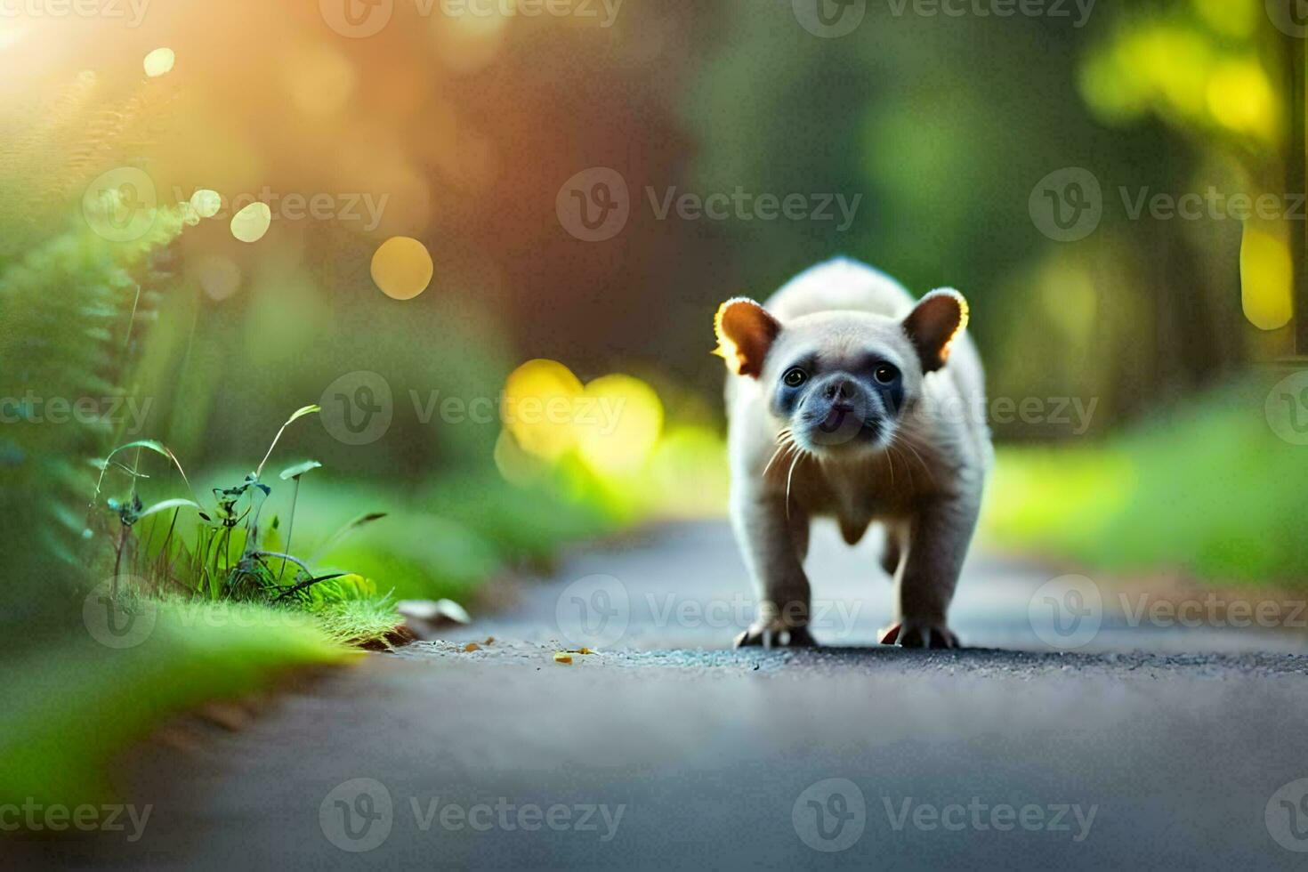 a small dog walking down a path in the woods. AI-Generated photo