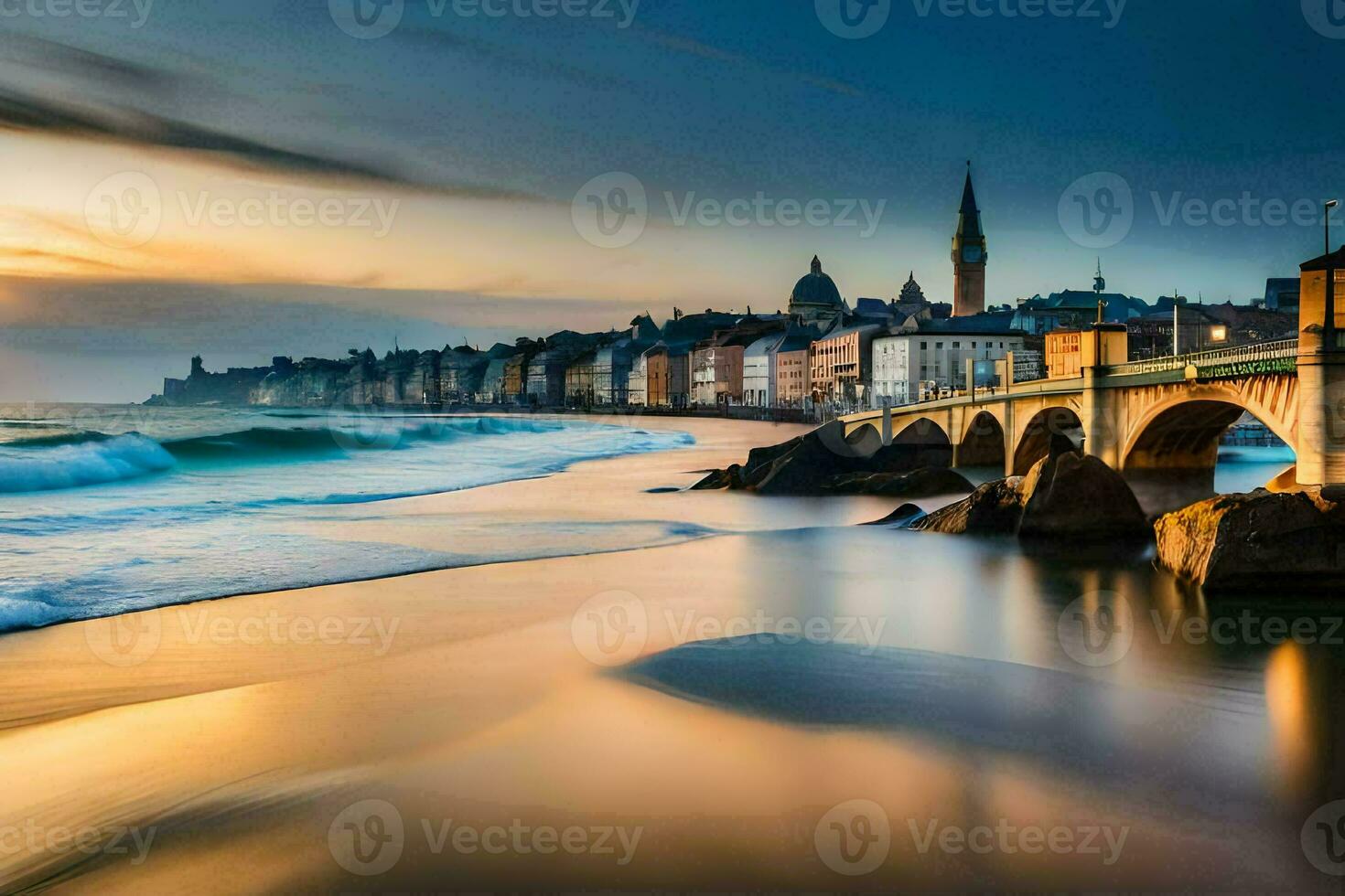 el puesta de sol terminado el Oceano y un puente. generado por ai foto