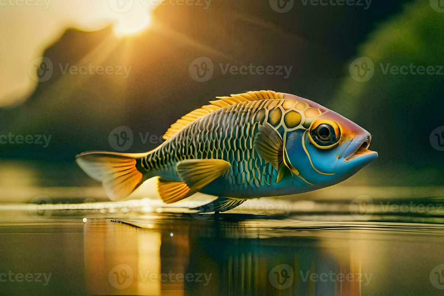a fish is swimming in the water with the sun shining. AI-Generated photo