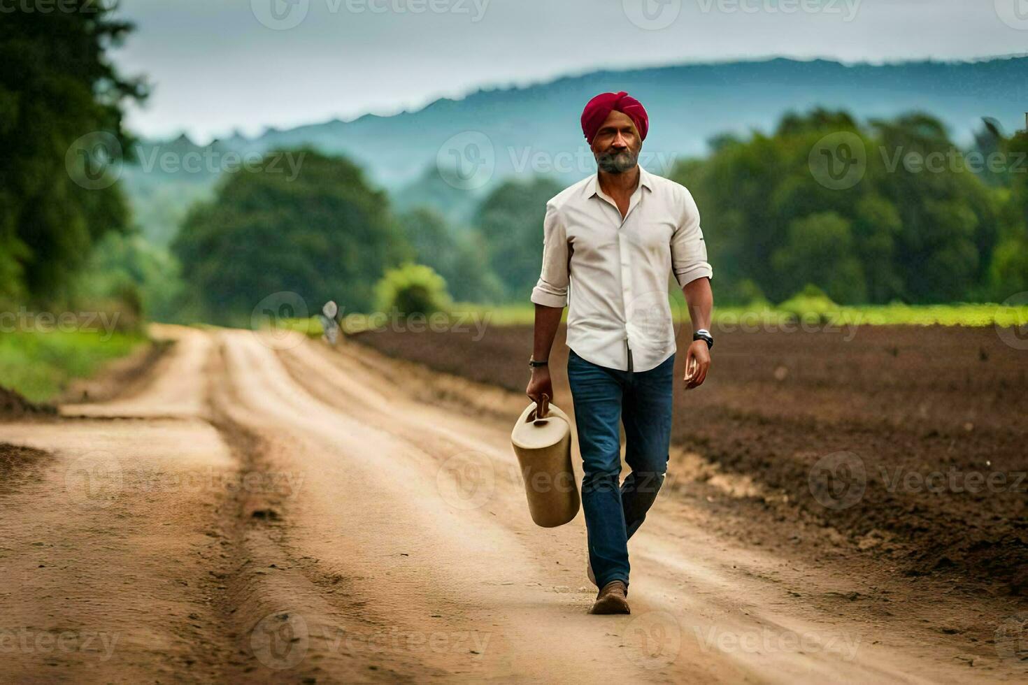 a man with a turban walking down a dirt road. AI-Generated photo