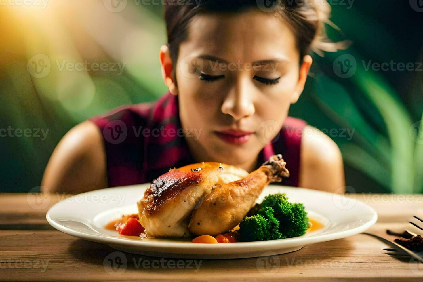un mujer es mirando a un plato de alimento. generado por ai foto