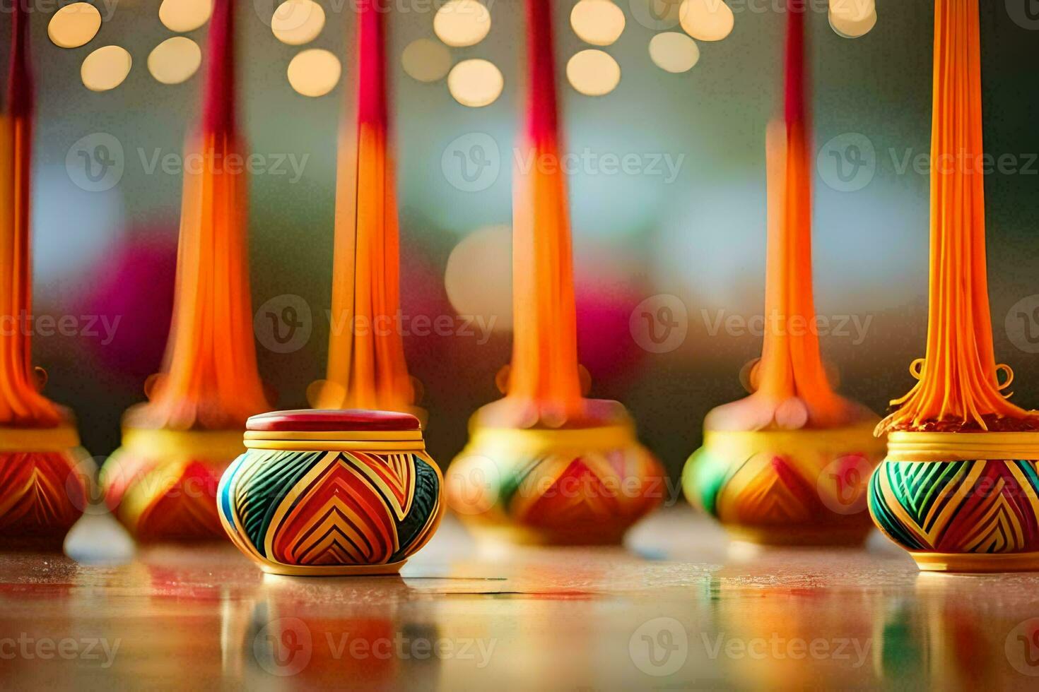 un fila de vistoso floreros con velas en a ellos. generado por ai foto