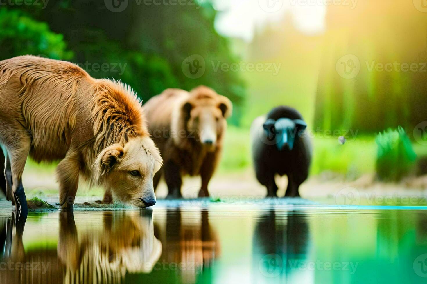 Tres marrón perros Bebiendo agua desde un estanque. generado por ai foto