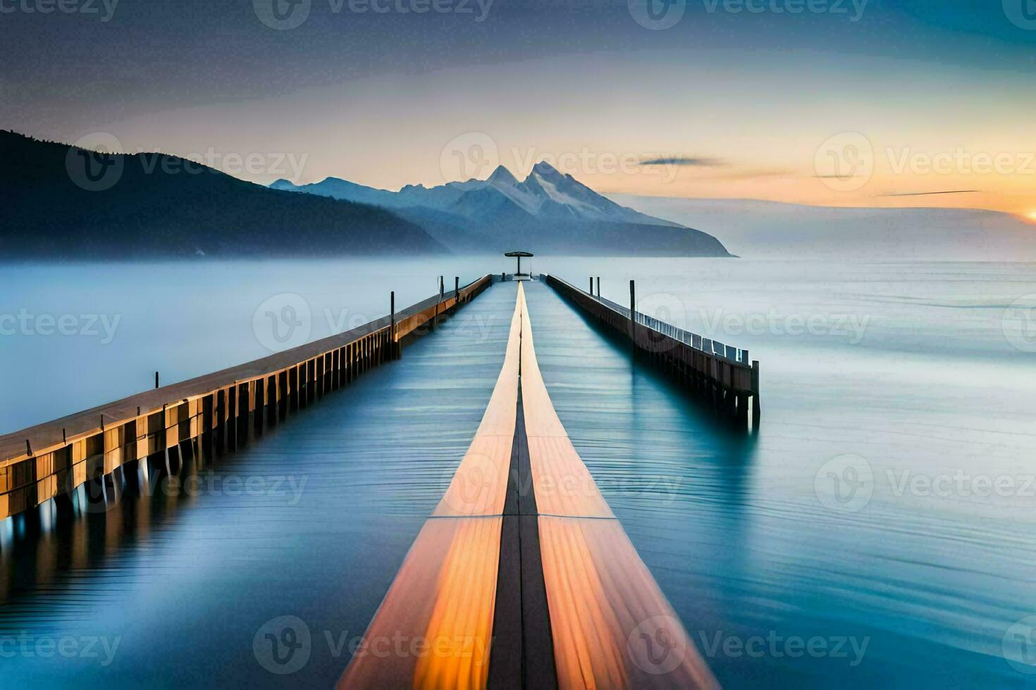 a long exposure photo of a pier in the ocean. AI-Generated