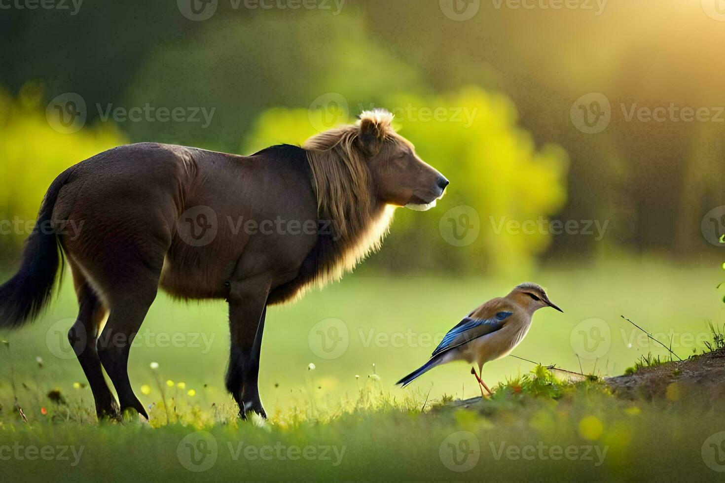 a lion and a blue bird in the wild. AI-Generated photo