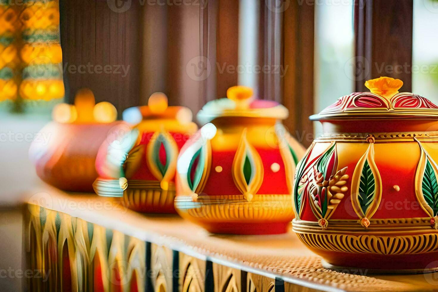 colorful vases on a shelf in a room. AI-Generated photo
