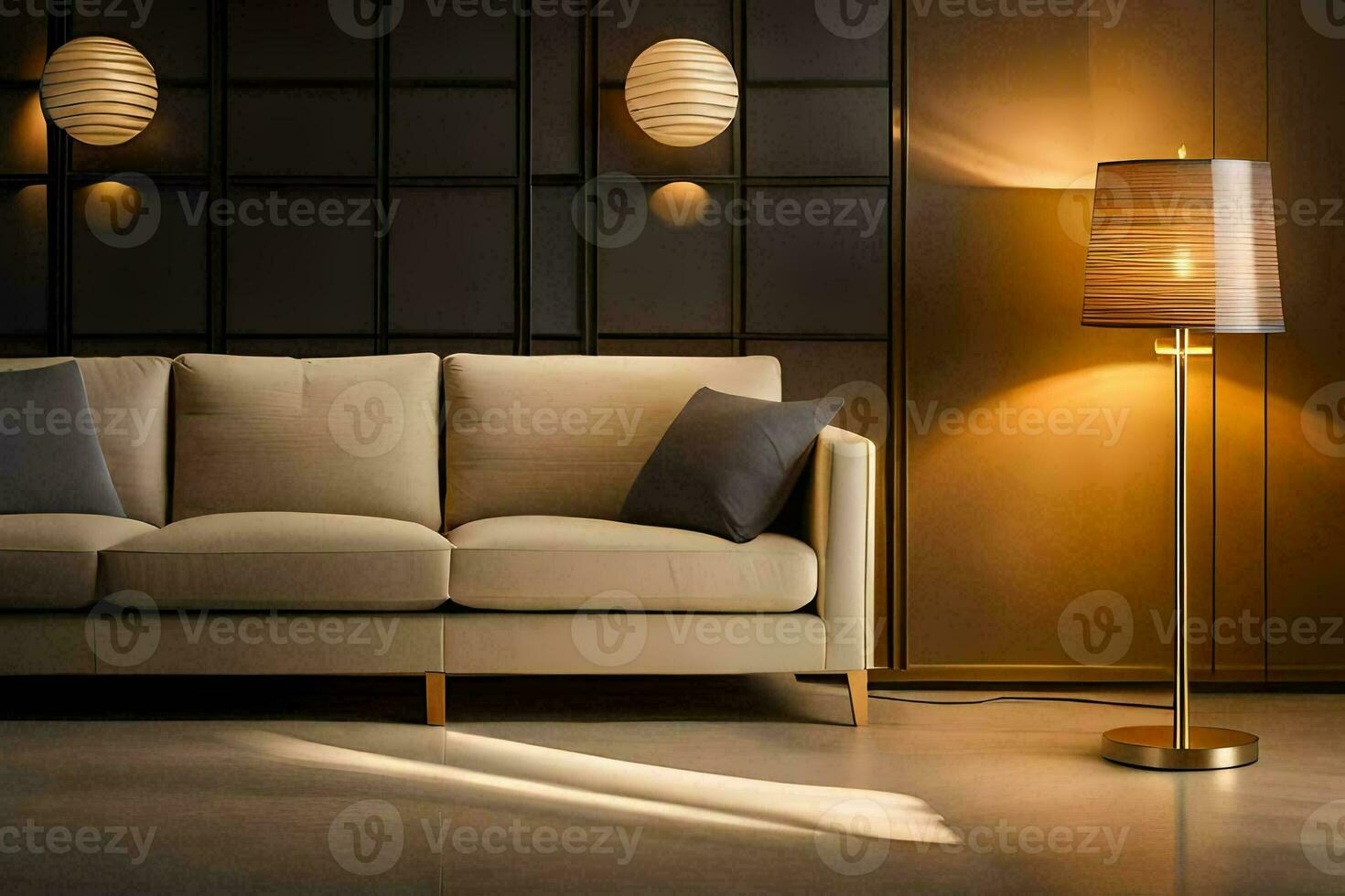 a modern living room with a couch and lamp. AI-Generated photo