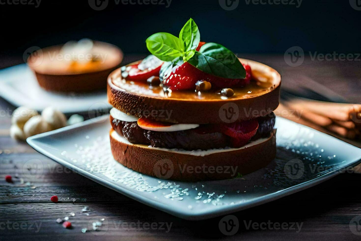 a chocolate cake with strawberries and mint. AI-Generated photo