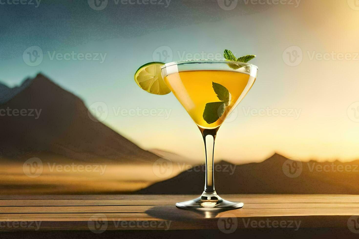 cocktail on the table with mountains in the background. AI-Generated photo