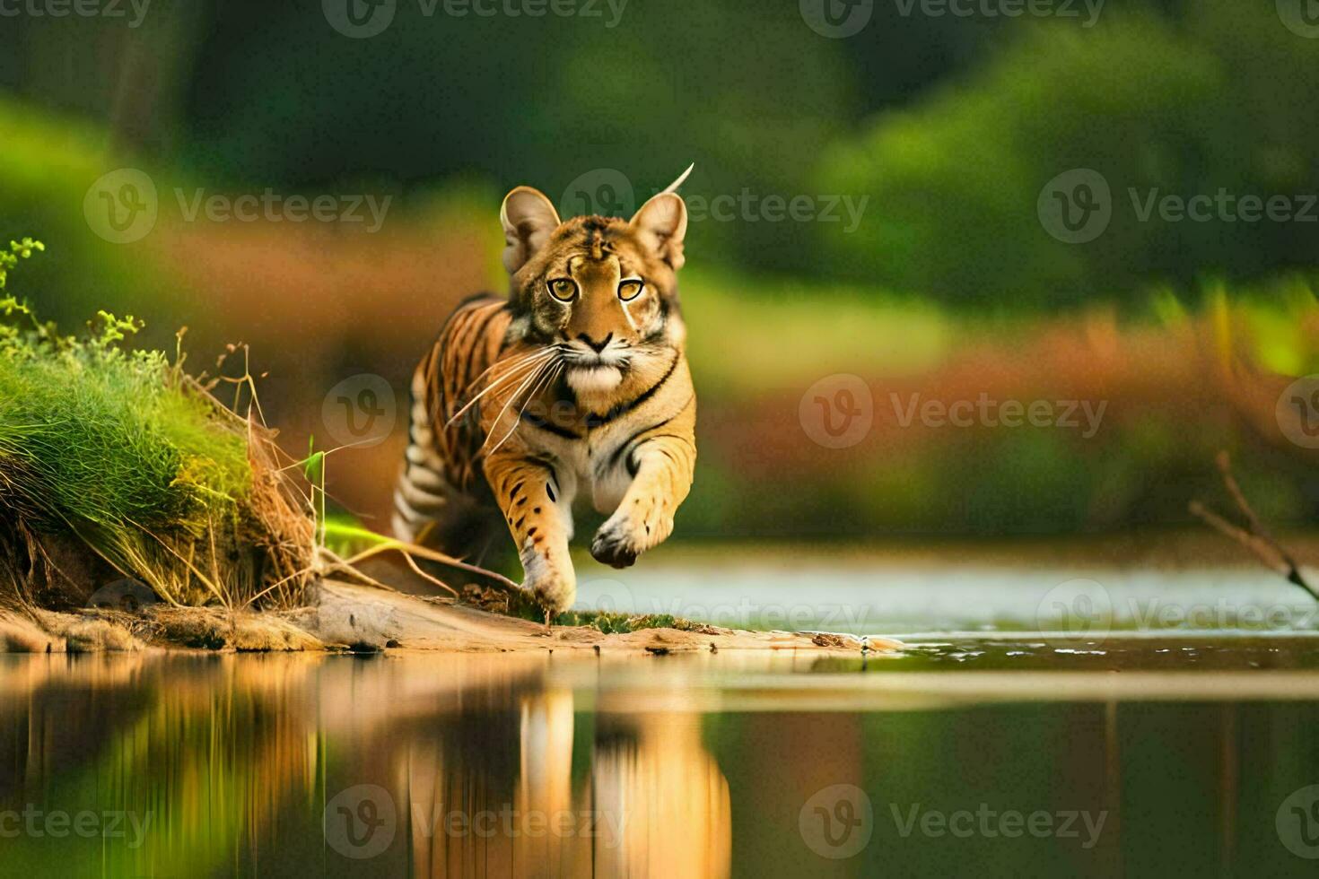 a tiger running across the water in the forest. AI-Generated photo